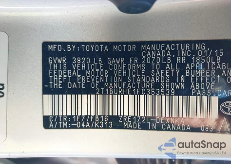 2015 Toyota Corolla Le из США, поврежденный, VIN 2T1BURHE1FC353539